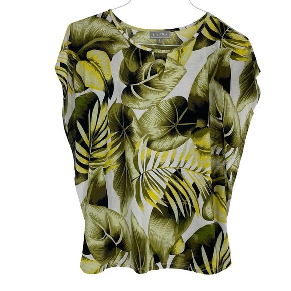 Laura Green and Yellow Botanical Leaf print flutter sleeve blouse keyhole neck S - Picture 1 of 12